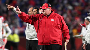 Nov 17, 2024; Orchard Park, New York, USA; Kansas City Chiefs head coach Andy Reid signals to go for one point after a touchdown  against the Buffalo Bills in the fourth quarter at Highmark Stadium. Mandatory Credit: Mark Konezny-Imagn Images