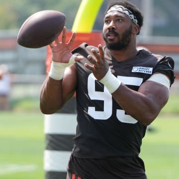 Aug 4, 2024; Cleveland Browns defensive end Myles Garrett (95) during practice at the Browns training facility in Berea, Ohio. Mandatory Credit: Bob Donnan-USA TODAY Sports