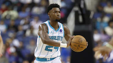 Oct 15, 2025; Greensboro, North Carolina, USA; Charlotte Hornets forward Brandon Miller (24) passes the ball against the Memphis Grizzlies in the first half at First Horizon Coliseum. Mandatory Credit: Brian Westerholt-Imagn Images