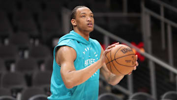 Mar 12, 2025; Atlanta, Georgia, USA; Charlotte Hornets guard Wendell Moore Jr. (9) warms up on the court before the game against the Atlanta Hawks at State Farm Arena. Mandatory Credit: Mady Mertens-Imagn Images