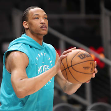 Mar 12, 2025; Atlanta, Georgia, USA; Charlotte Hornets guard Wendell Moore Jr. (9) warms up on the court before the game against the Atlanta Hawks at State Farm Arena. Mandatory Credit: Mady Mertens-Imagn Images