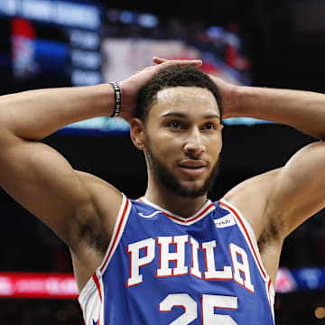 Dec 5, 2019; Washington, DC, USA; Philadelphia 76ers guard Ben Simmons (25) reacts after being called for a foul against the Washington Wizards in the first quarter at Capital One Arena. Mandatory Credit: Geoff Burke-Imagn Images