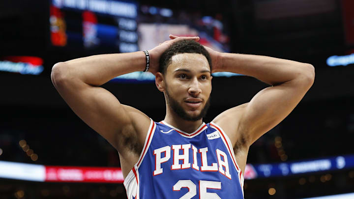 Dec 5, 2019; Washington, DC, USA; Philadelphia 76ers guard Ben Simmons (25) reacts after being called for a foul against the Washington Wizards in the first quarter at Capital One Arena. Mandatory Credit: Geoff Burke-Imagn Images