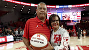 Houston Cougars head coach Kelvin Sampson and his wife Karen Sampson pose with tonight a basketball commemorating his 800th win. The Cougars beat the Lehigh Mountain Hawks at Fertitta Center. 
