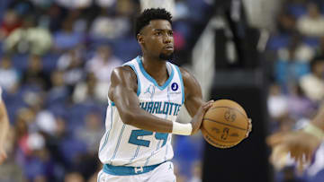 Oct 15, 2025; Greensboro, North Carolina, USA; Charlotte Hornets forward Brandon Miller (24) passes the ball against the Memphis Grizzlies in the first half at First Horizon Coliseum. Mandatory Credit: Brian Westerholt-Imagn Images