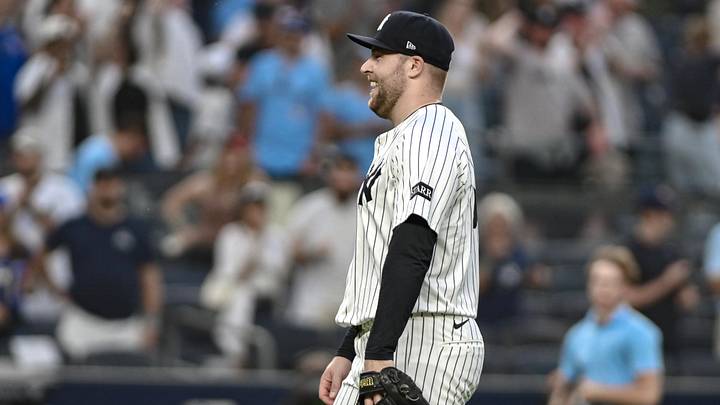 Sep 6, 2025; Bronx, New York, USA; New York Yankees pitcher David Bednar (53) reacts after winning against the Toronto Blue Jays at Yankee Stadium. Mandatory Credit: John Jones-Imagn Images