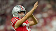 Ohio State Buckeyes kicker Jayden Fielding (38) lines up his kick Saturday, Dec. 6, 2025, during the Big Ten football championship against the Indiana Hoosiers at Lucas Oil Stadium in Indianapolis.