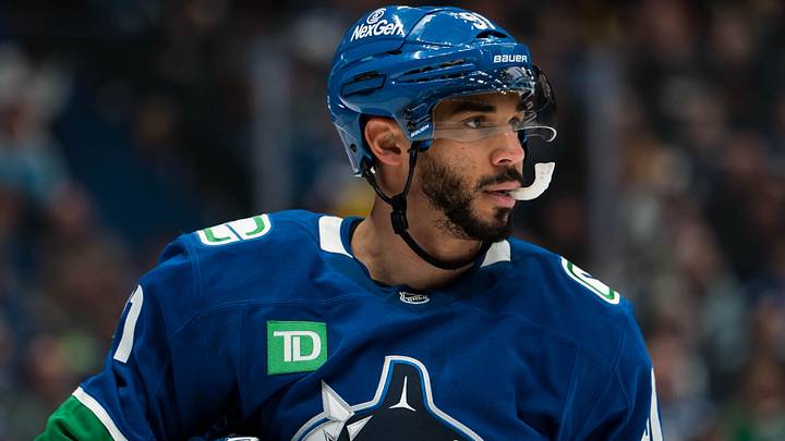 Jan 25, 2026; Vancouver, British Columbia, CAN; Vancouver Canucks forward Evander Kane (91) during a stop in play against the Pittsburgh Penguins in the second period at Rogers Arena. Mandatory Credit: Bob Frid-Imagn Images