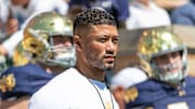 Apr 12, 2025; Notre Dame, IN, USA; Notre Dame Fighting Irish head coach Marcus Freeman waits to run onto the field during the Blue-Gold game at Notre Dame Stadium. 