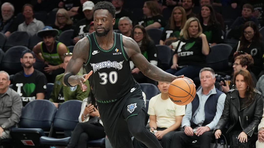 May 8, 2026; Minneapolis, Minnesota, USA; Minnesota Timberwolves forward Julius Randle (30) dribbles against the San Antonio Spurs in the second half during game three of the second round of the 2026 NBA Playoffs at Target Center. 