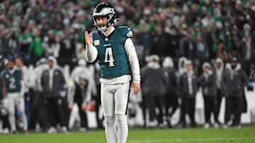 Nov 14, 2024; Philadelphia, Pennsylvania, USA; Philadelphia Eagles place kicker Jake Elliott (4) lines up a field goal against the Washington Commanders during the second quarter at Lincoln Financial Field.