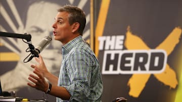 Feb 1, 2016; San Francisco, CA, USA; Radio personality Colin Cowherd broadcasts on radio row at the Moscone Center in advance of Super Bowl 50 between the Carolina Panthers and the Denver Broncos. Mandatory Credit: Jerry Lai-Imagn Images