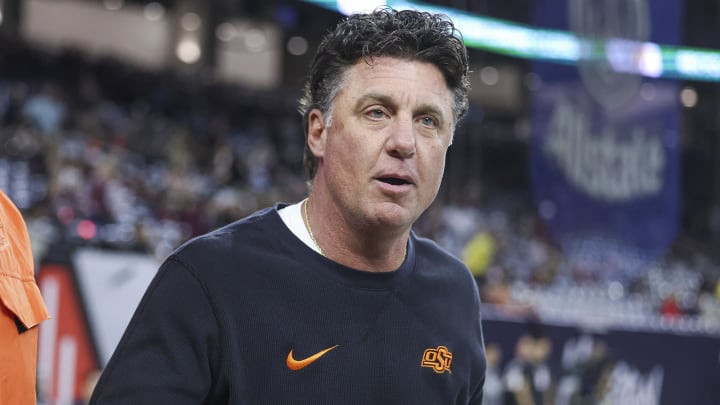 Dec 27, 2023; Houston, TX, USA; Oklahoma State Cowboys head coach Mike Gundy on the sideline before the game against the Texas A&M Aggies at NRG Stadium. Mandatory Credit: Troy Taormina-USA TODAY Sports