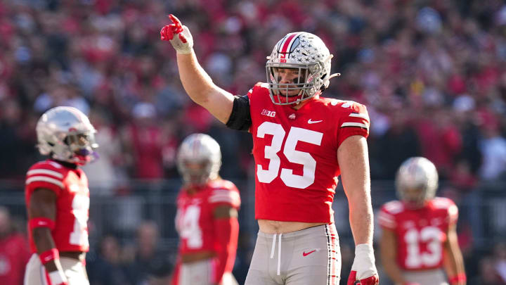 Nov 26, 2022; Columbus, Ohio, USA;  Ohio State Buckeyes linebacker Tommy Eichenberg (35) celebrates a tackle during the first half of the NCAA football game against the Michigan Wolverines at Ohio Stadium. Mandatory Credit: Adam Cairns-The Columbus Dispatch

Ncaa Football Michigan Wolverines At Ohio State Buckeyes