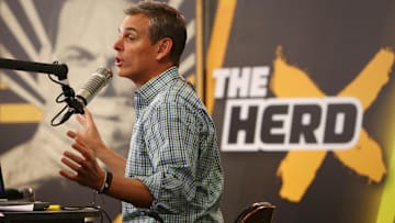 Feb 1, 2016; San Francisco, CA, USA; Radio personality Colin Cowherd broadcasts on radio row at the Moscone Center in advance of Super Bowl 50 between the Carolina Panthers and the Denver Broncos. Mandatory Credit: Jerry Lai-Imagn Images