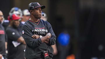 Oct 20, 2024; Atlanta, Georgia, USA; Atlanta Falcons head coach Raheem Morris shown during the game against the Seattle Seahawks at Mercedes-Benz Stadium.