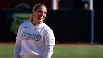 Oregon pitcher Lyndsey Grein celebrates a strikeout as the Oregon Ducks host the Liberty Flames in game two of an NCAA Super Regional at Jane Sanders Stadium in Eugene on May 24, 2025.