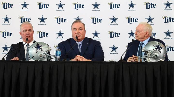 Jan 8, 2020; Frisco, Texas, USA; Dallas Cowboys head coach Mike McCarthy (center) answers questions with owner Jerry Jones (right) and executive vice president Stephen Jones during a press conference at Ford Center at the Star. Mandatory Credit: Matthew Emmons-Imagn Images