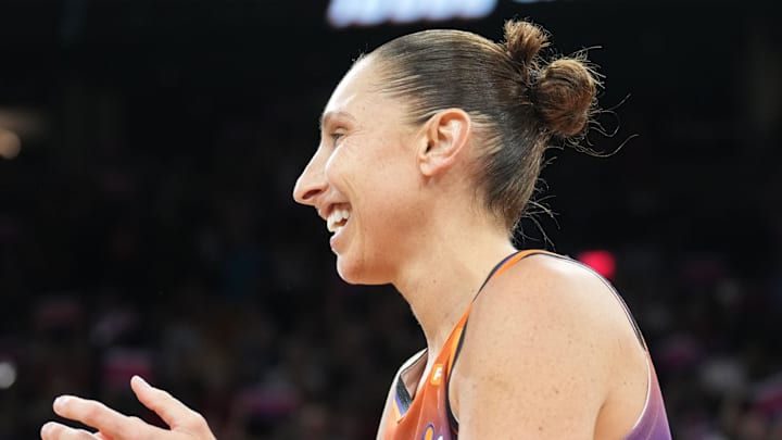 Aug 3, 2023; Phoenix, Arizona, USA; Phoenix Mercury guard Diana Taurasi (3) celebrates her 10,000th career point during the second half of the game against the Atlanta Dream at Footprint Center. Mandatory Credit: Joe Camporeale-Imagn Images