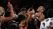 Aug 21, 2025; Las Vegas, Nevada, USA; Las Vegas Aces center A'ja Wilson (22) and teammates celebrate defeating the Phoenix Mercury at Michelob Ultra Arena. Mandatory Credit: Candice Ward-Imagn Images