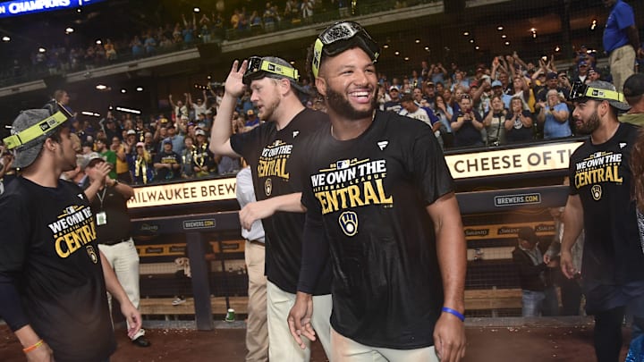 Sep 18, 2024; Milwaukee, Wisconsin, USA; Milwaukee Brewers left fielder Jackson Chourio (11) celebrates after the Brewers won NL Central Division at American Family Field.