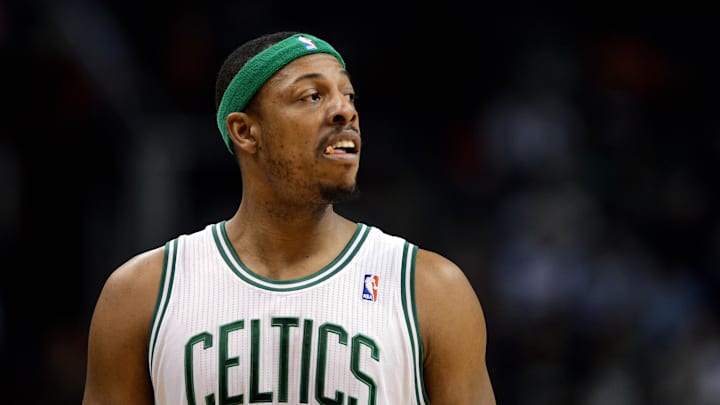 Feb. 22, 2013; Phoenix, AZ, USA; Boston Celtics forward Paul Pierce (34) reacts on the court against the Phoenix Suns in the first half at US Airways Center. The Celtics defeated the Suns 113-88. Mandatory Credit: Jennifer Stewart-Imagn Images