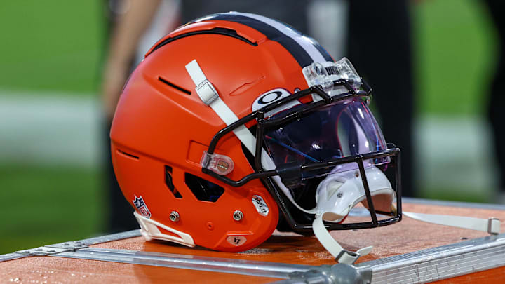Aug 12, 2022; Jacksonville, Florida, USA; a Cleveland Browns helmet sits on the sidelines during a game against the Jacksonville Jaguars in preseason at TIAA Bank Field. Mandatory Credit: Nathan Ray Seebeck-Imagn Images