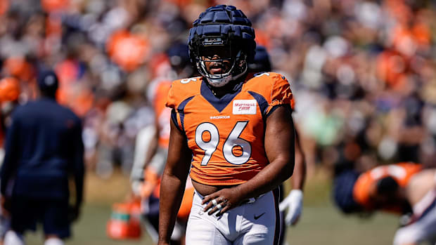 Denver Broncos defensive end Eyioma Uwazurike (96) during training camp at the UCHealth Training Center.