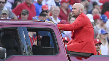 Aug 27, 2022; St. Louis, Missouri, USA; Former St. Louis Cardinals outfielder Matt Holliday celebrates with members of the Cardinals Red Jacket Club after he was inducted into the Cardinals Hall of Fame at Busch Stadium. Mandatory Credit: Jeff Curry-Imagn Images