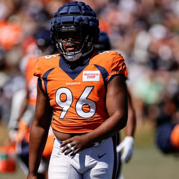 Aug 11, 2022; Englewood, CO, USA; Denver Broncos defensive end Eyioma Uwazurike (96) during training camp at the UCHealth Training Center. 