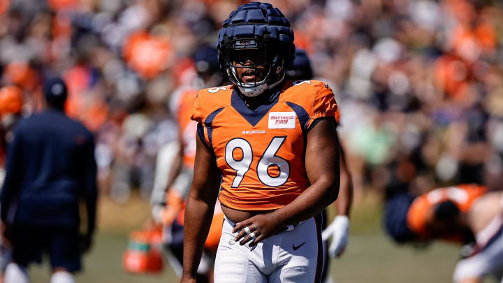 Aug 11, 2022; Englewood, CO, USA; Denver Broncos defensive end Eyioma Uwazurike (96) during training camp at the UCHealth Training Center. 