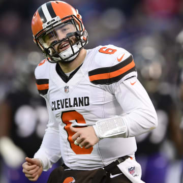 Dec 30, 2018; Baltimore, MD, USA; Cleveland Browns quarterback Baker Mayfield (6) reacts after throwing a touchdown  to wide receiver Breshad Perriman (not pictured) during the first quarter against the Baltimore Ravens at M&T Bank Stadium.