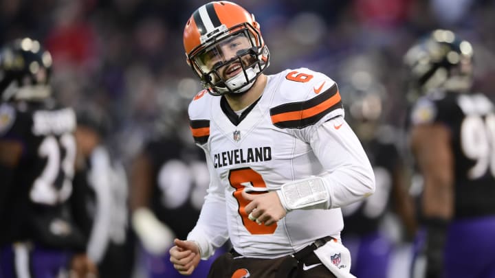 Dec 30, 2018; Baltimore, MD, USA; Cleveland Browns quarterback Baker Mayfield (6) reacts after throwing a touchdown  to wide receiver Breshad Perriman (not pictured) during the first quarter against the Baltimore Ravens at M&T Bank Stadium.