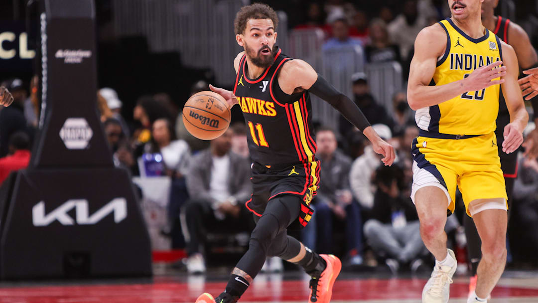 Trae Young #11 of the Atlanta Hawks dribbles against the Indiana Pacers.