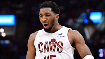 Mar 30, 2025; Cleveland, Ohio, USA; Cleveland Cavaliers guard Donovan Mitchell (45) celebrates during the second half against the Los Angeles Clippers at Rocket Arena. Mandatory Credit: Ken Blaze-Imagn Images