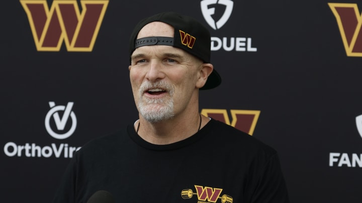 Jun 5, 2024; Ashburn, VA, USA; Washington Commanders head coach Dan Quinn speaks with the media prior to an OTA workout at Commanders Park. Mandatory Credit: Geoff Burke-USA TODAY Sports