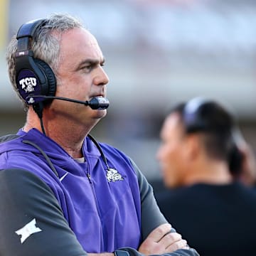 Nov 2, 2023; Lubbock, Texas, USA; Texas Christian Horned Frogs head coach Sonny Dykes watches during a time out in the first half during the game against the Texas Tech Red Raiders at Jones AT&T Stadium and Cody Campbell Field. Mandatory Credit: Michael C. Johnson-Imagn Images