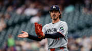 Jul 20, 2025; Denver, Colorado, USA; Minnesota Twins starting pitcher Joe Ryan (41) reacts after a play in the first inning against the Colorado Rockies at Coors Field. Mandatory Credit: Isaiah J. Downing-Imagn Images