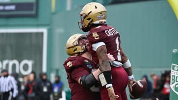 Dec 28, 2023; Boston, MA, USA; Boston College Eagles offensive lineman Drew Kendall (66)  celebrates quarterback Thomas Castellanos (1) touchdown against the Southern Methodist Mustangs during the second half at Fenway Park. Mandatory Credit: Eric Canha-USA TODAY Sports
