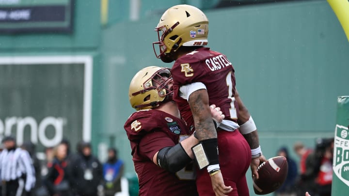 Dec 28, 2023; Boston, MA, USA; Boston College Eagles offensive lineman Drew Kendall (66)  celebrates quarterback Thomas Castellanos (1) touchdown against the Southern Methodist Mustangs during the second half at Fenway Park. Mandatory Credit: Eric Canha-USA TODAY Sports