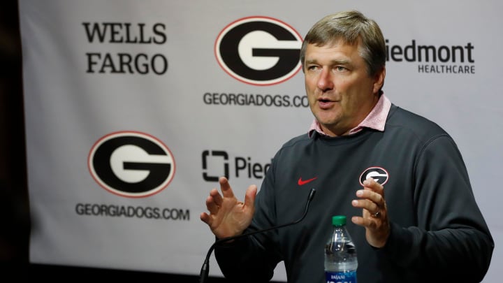 Georgia coach Kirby Smart speaks to the media on the eve of the start of fall football camp in Athens, Ga., on Wednesday, Aug. 2, 2023.