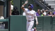 May 31, 2024; Chapel Hill, NC, USA; LSU shortstop Michael Braswell (10) celebrates his home run against the Wofford Terriers during the NCAA Regional in Chapel Hill. Mandatory Credit: Jim Dedmon-USA TODAY Sports