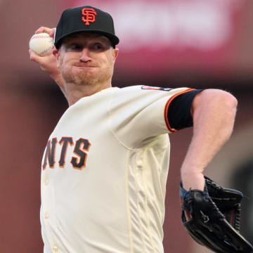 Sep 11, 2023; San Francisco, California, USA; San Francisco Giants starting pitcher Alex Cobb (38) throws a pitch against the Cleveland Guardians during the first inning at Oracle Park.