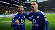 Harry Winks and Bilal El Khannouss celebrate Leicester's winner