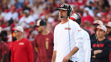 Oct 6, 2024; Santa Clara, California, USA; San Francisco 49ers head coach Kyle Shanahan on the sideline during the third quarter against the Arizona Cardinals at Levi's Stadium. Mandatory Credit: Kelley L Cox-Imagn Images
