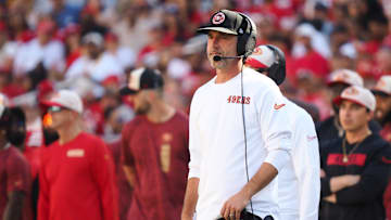 Oct 6, 2024; Santa Clara, California, USA; San Francisco 49ers head coach Kyle Shanahan on the sideline during the third quarter against the Arizona Cardinals at Levi's Stadium. Mandatory Credit: Kelley L Cox-Imagn Images