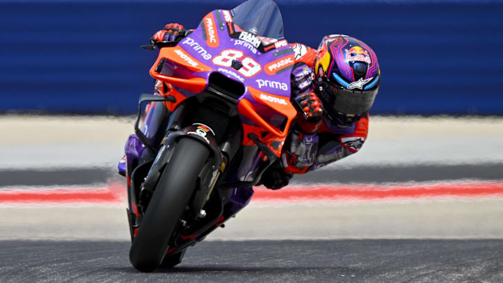 Apr 13, 2024; Austin, TX, USA; Jorge Martin (89) of Spain and Prima Pramac Racing rides during the qualifying session for the MotoGP Grand Prix of the Americas at Circuit of The Americas. Mandatory Credit: Jerome Miron-Imagn Images