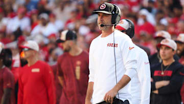 Oct 6, 2024; Santa Clara, California, USA; San Francisco 49ers head coach Kyle Shanahan on the sideline during the third quarter against the Arizona Cardinals at Levi's Stadium.