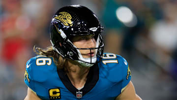 Jacksonville Jaguars quarterback Trevor Lawrence (16) rolls from the pocket during the first quarter of an NFL football matchup at EverBank Stadium, Monday, Oct. 6, 2025, in Jacksonville, Fla. The Jacksonville Jaguars edged the Kansas City Chiefs 31-28. [Corey Perrine/Florida Times-Union]