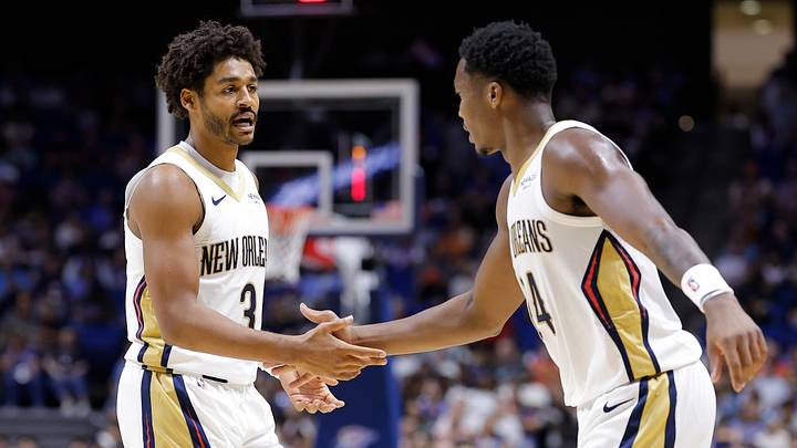 Oct 6, 2026; Tulsa, Oklahoma, USA; New Orleans Pelicans guard Jordan Poole (3) and guard/forward Bennedict Mathurin (24) celebrate after a play against the Oklahoma City Thunder during the first half at BOK Center. Mandatory Credit: Alonzo Adams-Imagn Images